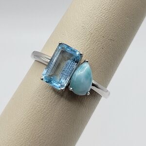Toi et Moi Blue Topaz Larimar Ring 925 Silver Size 10 NWOT